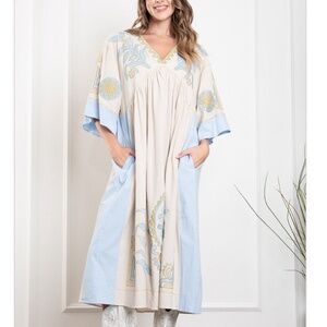 💪Blue Velvet “ Singapore 2 “ Blue Velvet Embroidered V-Neck Babydoll Dress BR69